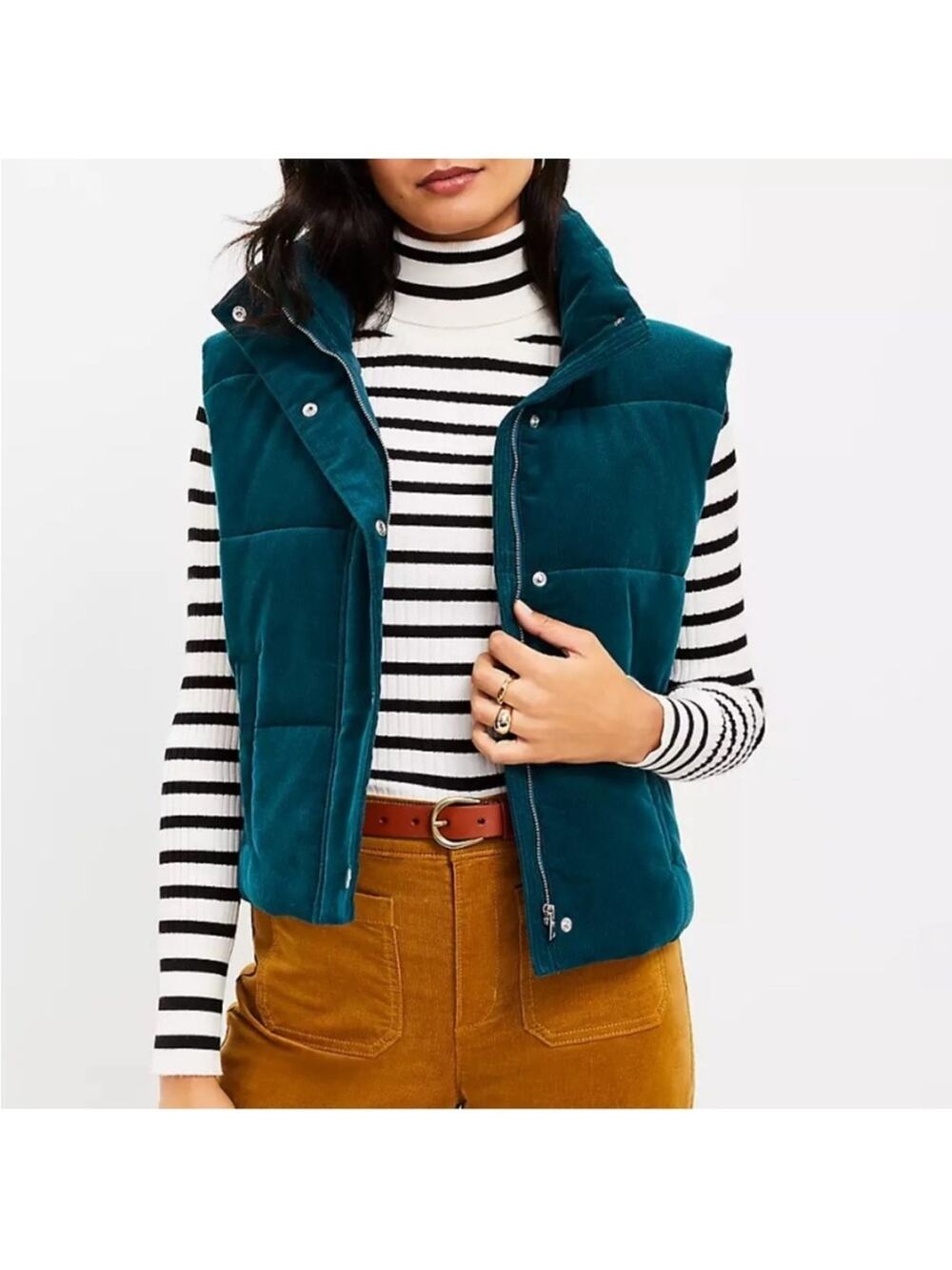 NEW LOFT Boxy Cropped Puffer Vest in Teal Green Micro Corduroy - Size L